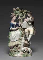 Groupe avec cage à oiseaux, fabriqué par la manufacture de Staffordshire, vers 1770