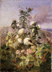 Un Chardonneret et un Papillon parmi les Chardons et les Fleurs de Mûrier