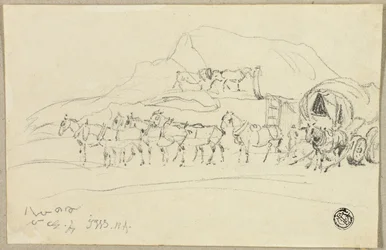 Chariot avec huit chevaux attelés