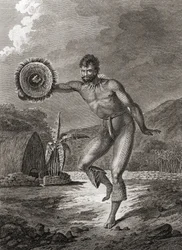 Un danseur tatoué en costume traditionnel, Hawaï, 1778