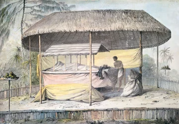 Funérailles avec défunt sous un dais, Tahiti, Îles de la Société