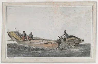 Deux petits bateaux, avec trois personnages dans l