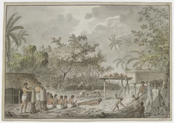[Dessin complet] Sacrifice humain au grand morai à Attahouroo [Utuaimahurau], Tahiti, observé par le capitaine Cook le 1er septembre 1777. Une figure liée au premier plan, avec des hommes creusant un trou pour le corps derrière, et le whatta contenant deux
