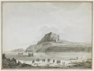 Vue du port de Noël, île Kerguelen, avec le Discovery et le Resolution à l