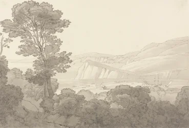Vue depuis un bois, surplombant la rivière et les collines à Teignmouth, Devon