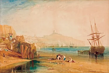 Vue de Scarborough au petit matin, enfants chassant les crabes
