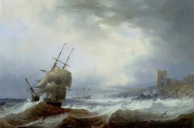 Navires battant un rivage sous le vent (huile sur toile)