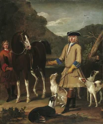 Edward, Lord Seymour, avec son cheval, son palefrenier et ses chiens, dans un paysage
