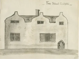 Lichfield - École de grammaire : dessin au lavis sépia