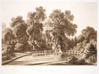 Vue de la fontaine du temple et de la grotte, Sezincote, gravée par Frederick Christian Lewis Snr., vers 1817-18