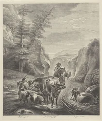 Bergers avec bétail sur un sentier de montagne