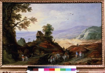 Paysage avec chapelle sur une colline