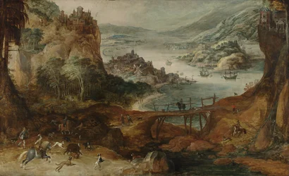 Paysage fluvial avec chasse au sanglier