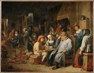 Une compagnie de fermiers dans une taverne (peinture sur bois de chêne)