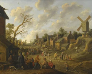 Une large rue traversant un village peuplé de nombreux personnages et surplombé par un moulin à vent.