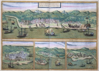 Carte de Calicut, tirée de « Civitates Orbis Terrarum » de Georg Braun (1541-1622) et Frans Hogenberg (1535-90), vers 1572