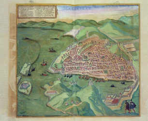 Carte de Marseille, extraite de « Civitates Orbis Terrarum » de Georg Braun (1541-1622) et Frans Hogenberg (1535-90), vers 1572