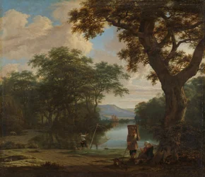 Paysage avec pêcheur au filet carré