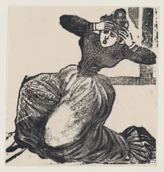 Une femme haletante au sol avec les mains levées à la tête, d