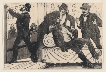 Un homme poignardant un autre homme dans la poitrine tandis que ses associés pillent un magasin, ca. 1890-1891