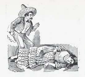 Un homme avec un fusil debout sur une femme qu