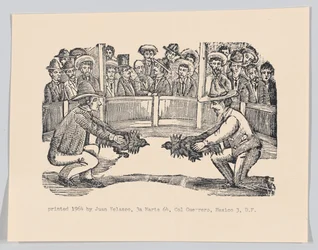 Deux hommes dans une arène tenant des coqs en préparation pour un combat, vers 1890-1910 réimprimé 1964
