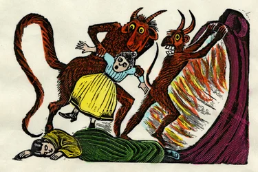 José Guadalupe Posada (1852 - 1913). Josephina Lora est trainée en Enfer par un diable. Xylographie aquarellée, Mexico