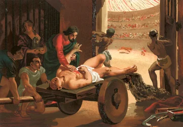 Galien assistant un gladiateur blessé dans le cirque de Bergame