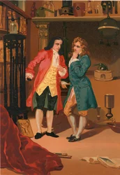 Robert Boyle et Denis Papin inspectent le digesteur à vapeur de Papin