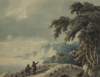 Paysage avec arbres, pont et personnages