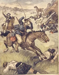 Commando boer attaquant une patrouille britannique pendant les guerres anglo-zouloue et anglo-boer de 1850-1902, illustration