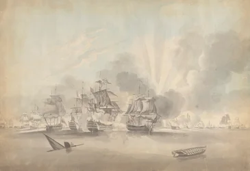Scène de bataille : Navires de guerre, Frégates et Corvettes ; Bateau coulant et Barque