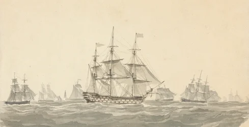 Vue de cuirassé de côté entouré de plusieurs autres en mer agitée