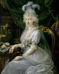 French : Marie Luise (Ludovica) de Naples-Sicile (1773-1802), épouse de Ferdinand III de Toscane, assise à une table, genou à terre Luisa Maria Amelia Teresa of Naples and Sicily, Princess of Naples and Sicily (1773-1802), Grand Duchess Consort of