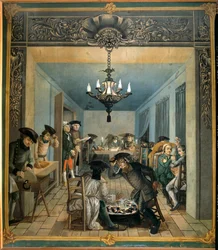 Manufacture de tissu indien des frères Wetter : atelier de préparation des planches et couleurs. Peinture de Joseph Gabriel Rossetti (18ème siècle). 1764 Orange, musée Municipal