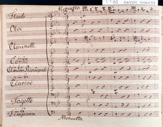 Première page de la partition musicale du menuet dans la Symphonie 66 en si bémol majeur par J Haydn