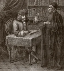 Voltaire et le religieux - VOLTAIRE, François-Marie Arouet - avec un clergé. Voltaire et un prêtre (Religion) - Gravure de Joseph Lante - 1764