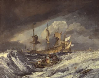 Bateaux jetant des ancres aux navires de guerre néerlandais, vers 1804