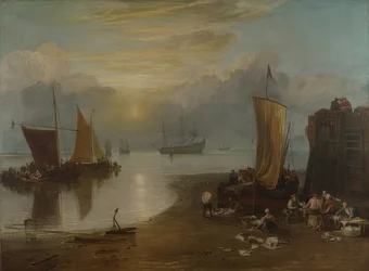 Lever de soleil dans la brume. Pêcheurs éviscérant et vendant des poissons