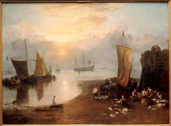 Soleil se levant à travers la vapeur : Pêcheurs nettoyant et vendant du poisson ... (peinture sur toile)