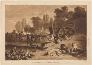 La cour de ferme avec le coq