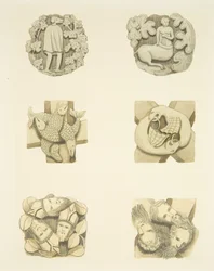 Six pierres de voûte au plafond en entrant par la porte nord de la cathédrale de Bristol