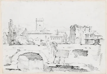 Une ville italienne avec un pont de pierre et une cascade