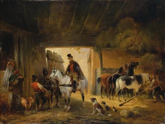 Un cavalier abreuvant son cheval dans une écurie, 1840