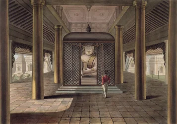 Un soldat debout dans un temple de Rangoon, gravé par George Hunt, 1825