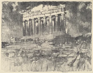 La façade du Parthénon, coucher de soleil