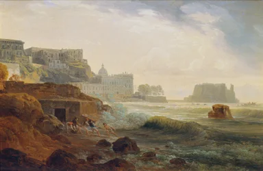 Côte près de Naples avec château et pêcheurs tirant des filets