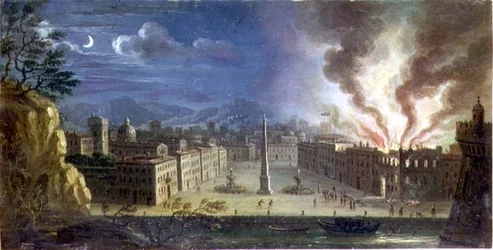 Une piazza dans un port italien avec un bâtiment en feu la nuit