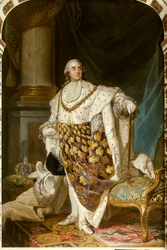 Portrait en pied du roi de France Louis XVI en costume du sacre (1754-1793). Il porte le collier de l