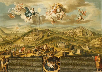 Vue de Bethléem avec le voyage des mages, la Trinité au-dessus et la Nativité dans une cartouche peinte en dessous, 1752